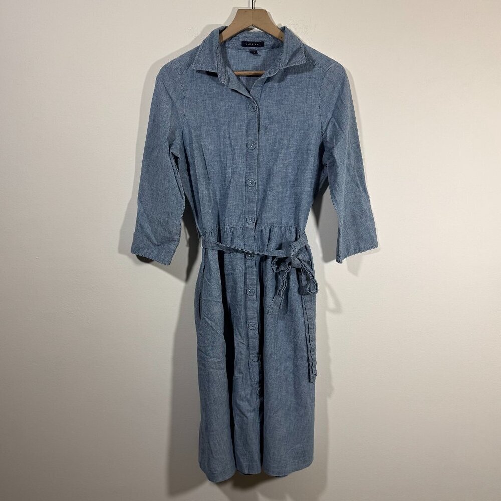 Lands' end Women's Belted Denim Button Down Shirt Dress Size 10 3/4 Sleeve